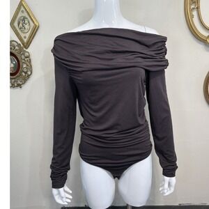AGOLDE Bodysuit Womens Large Brown Off Shoulder Draped Ruched Long Sleeve Knit